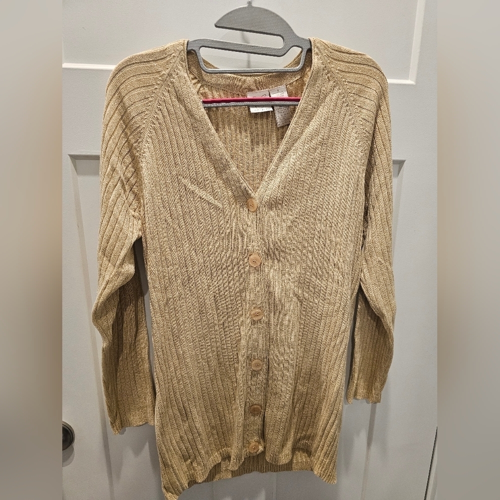 Emma James Metallic Gold Ribbed Button Front Cardigan Sweater Small